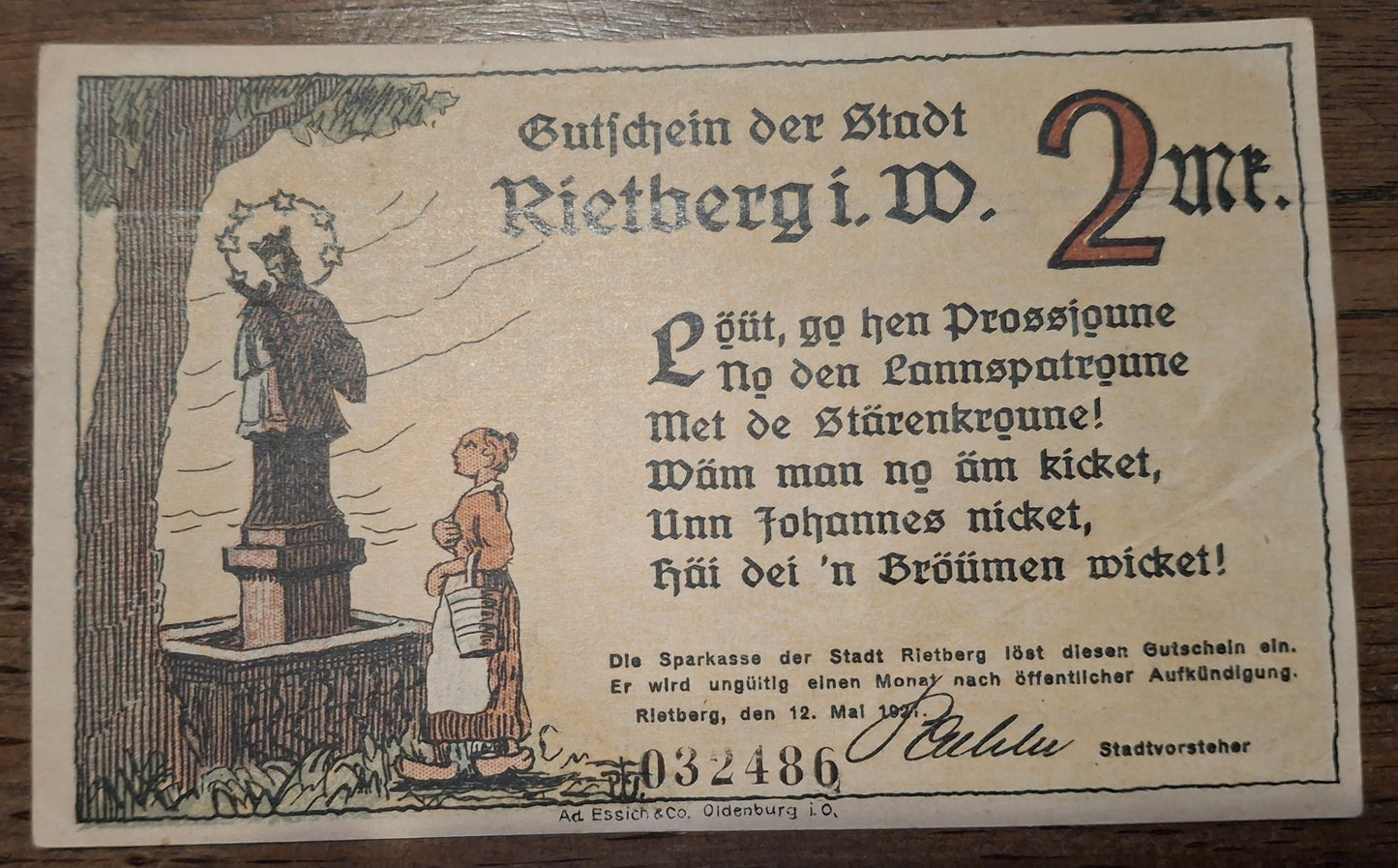 Duitsland Rietberg Stadt 2 Mark 1921 Noodbiljet